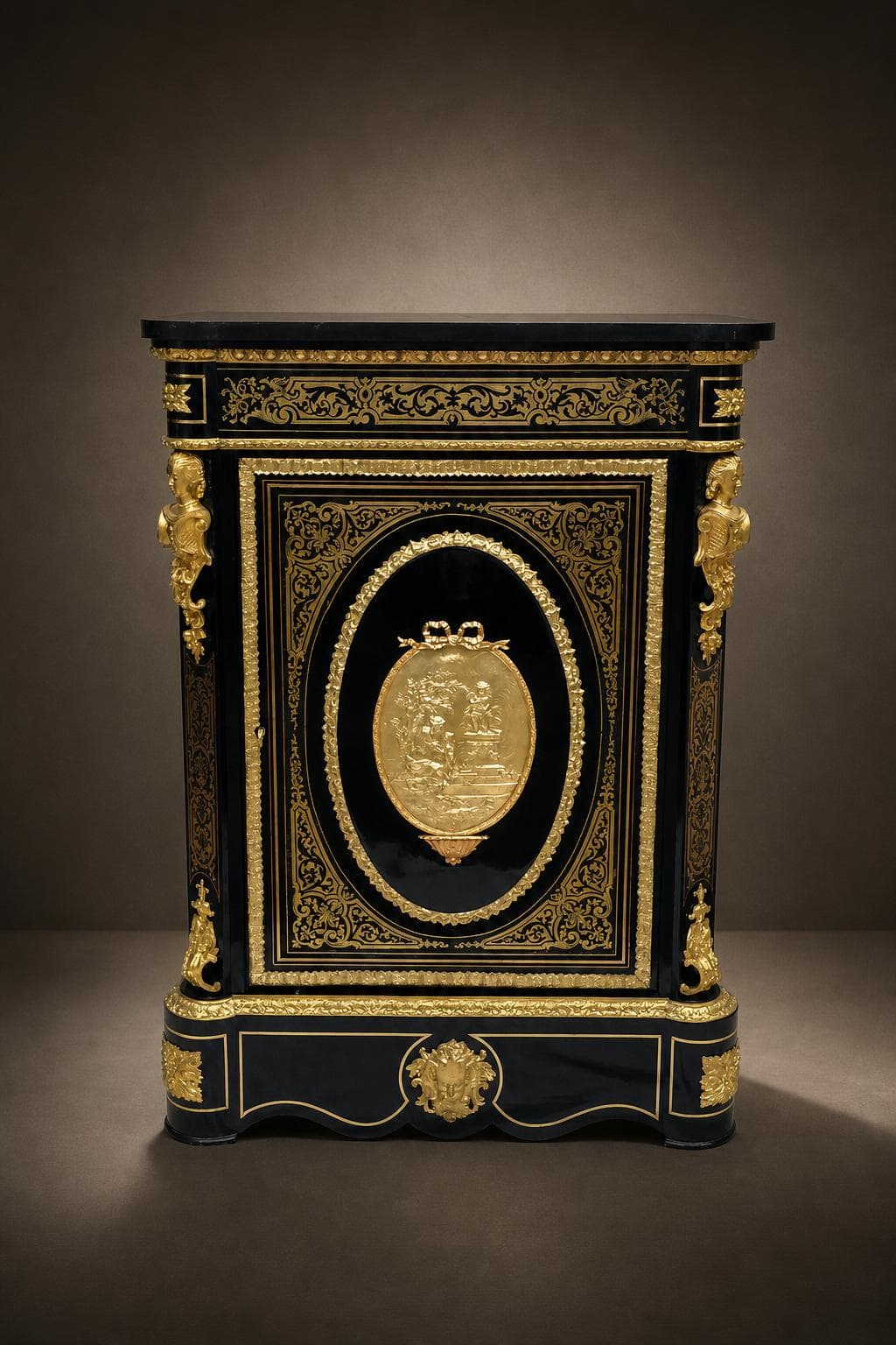 Rare meuble d’appui marqueterie Boulle médaillon bronze Napoléon III