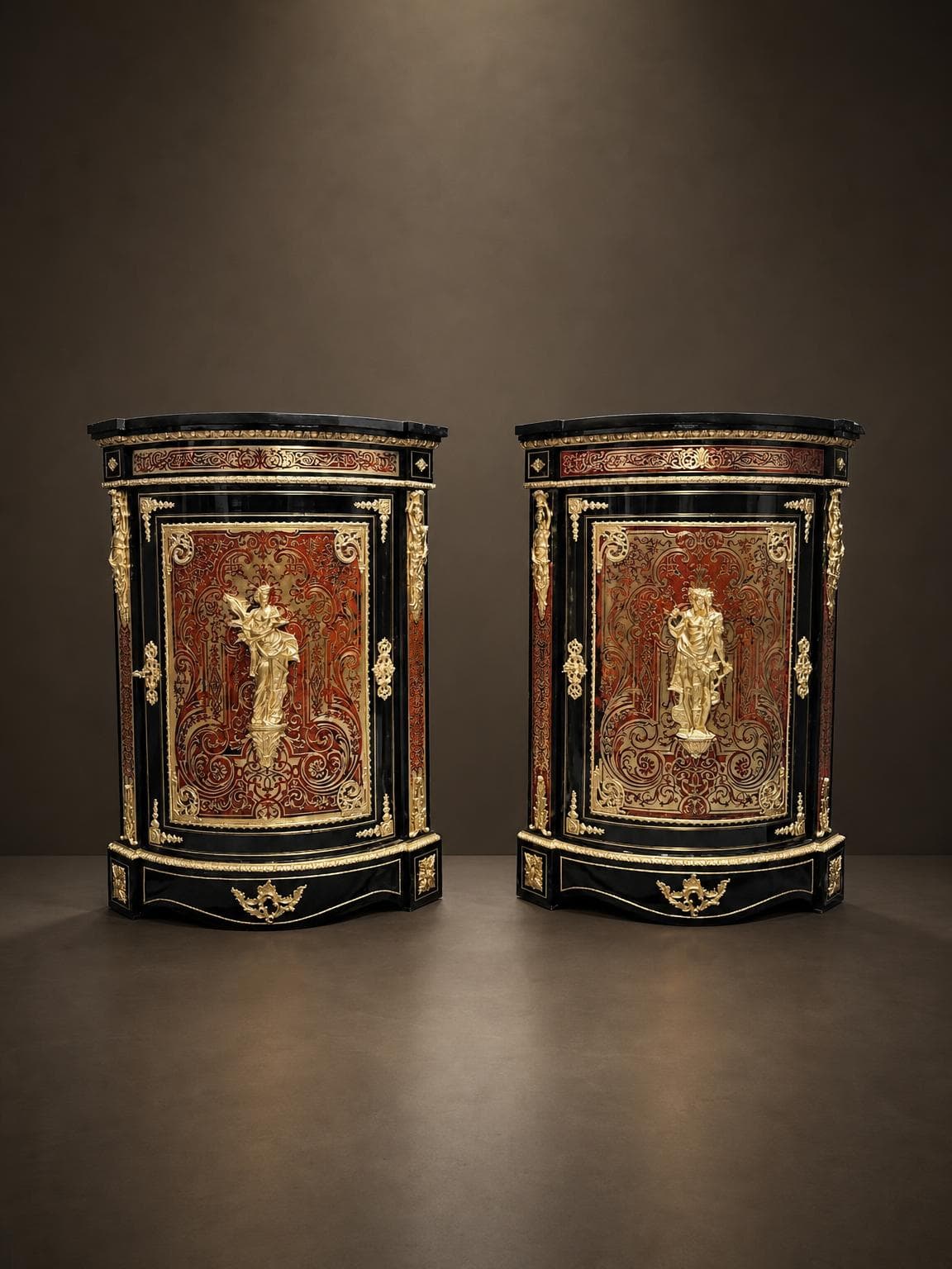 Rare pair of Boulle marquetry corner cabinets signed Diehl, Napoleon III period