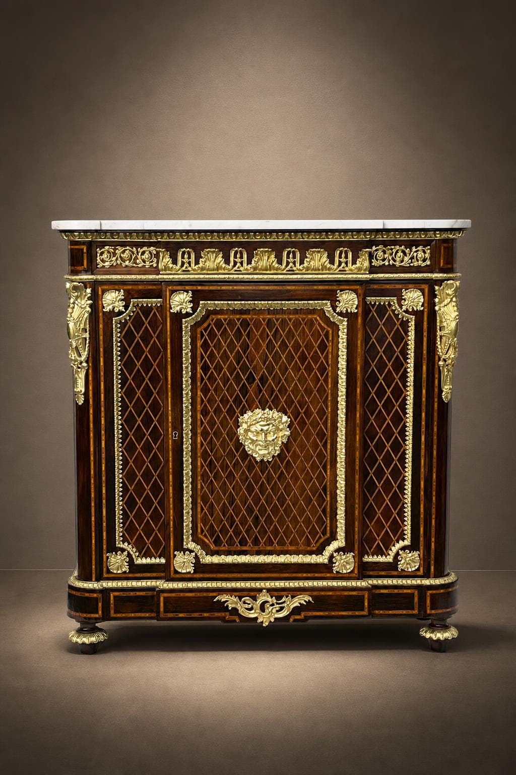 Meuble d’appui marqueterie bois et bronze Boulle Napoléon III signé Picard